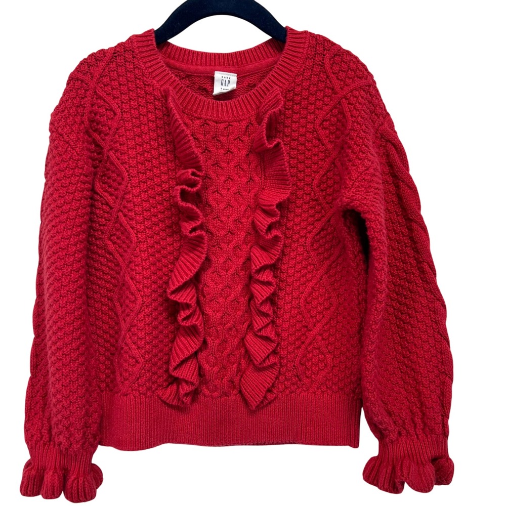 Baby Gap Red Cable Knit Ruffle Sweater 5 Years Toddler Cozy Cotton